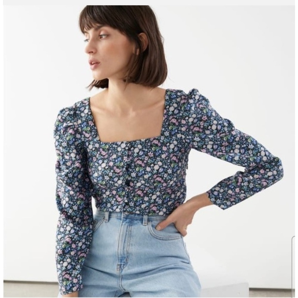 & Other Stories Paris Atelier Floral Square Neck Puff Sleeve Blouse Blue US 4